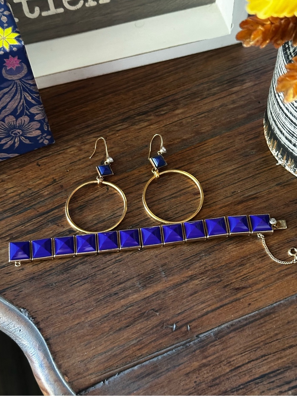Henri Bendel matching Gold and Blue Earrings & Bracelet